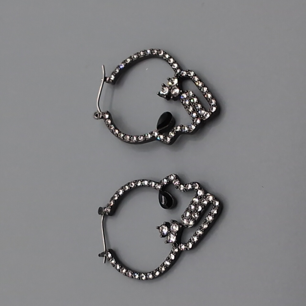 NWOT Dark Steel Toned Bejeweled Skull Earrings With Black Stone Eye - Picture 6 of 8